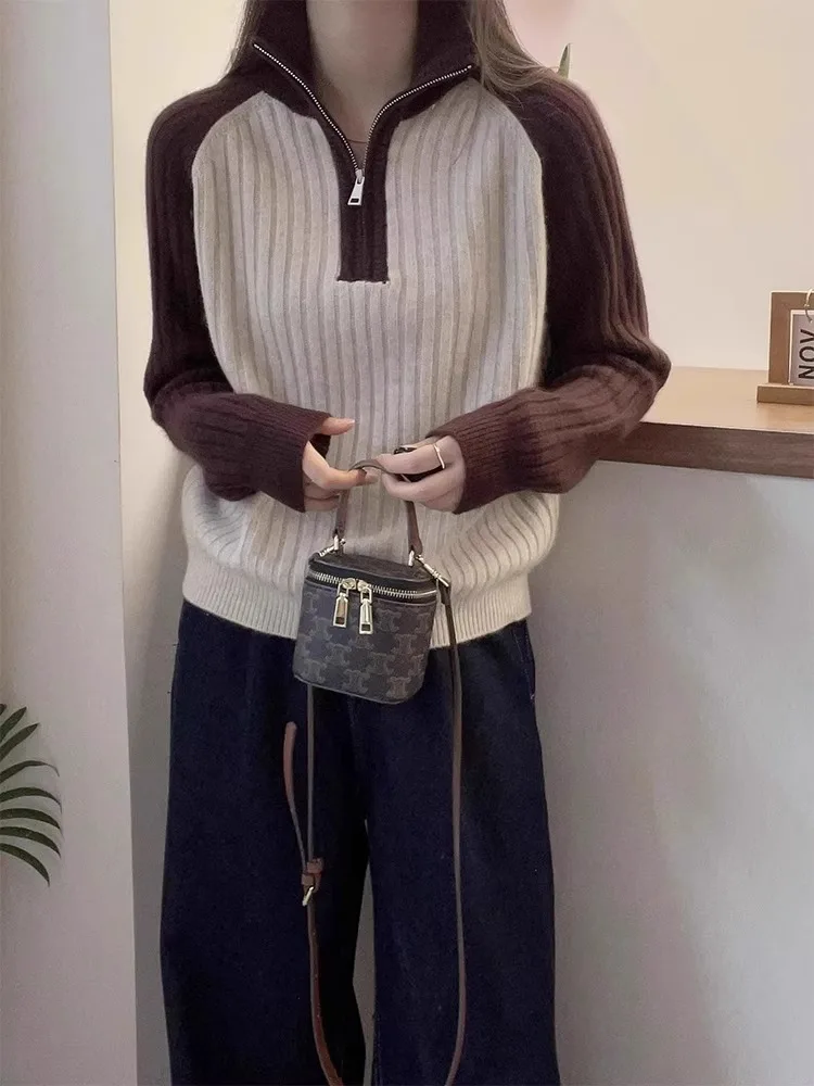 Comfortable Long Sleeve Color Block Knitwear Casual Anti-Aging Zipper Design Loose Base Shirt Fashionable Top for Young Women