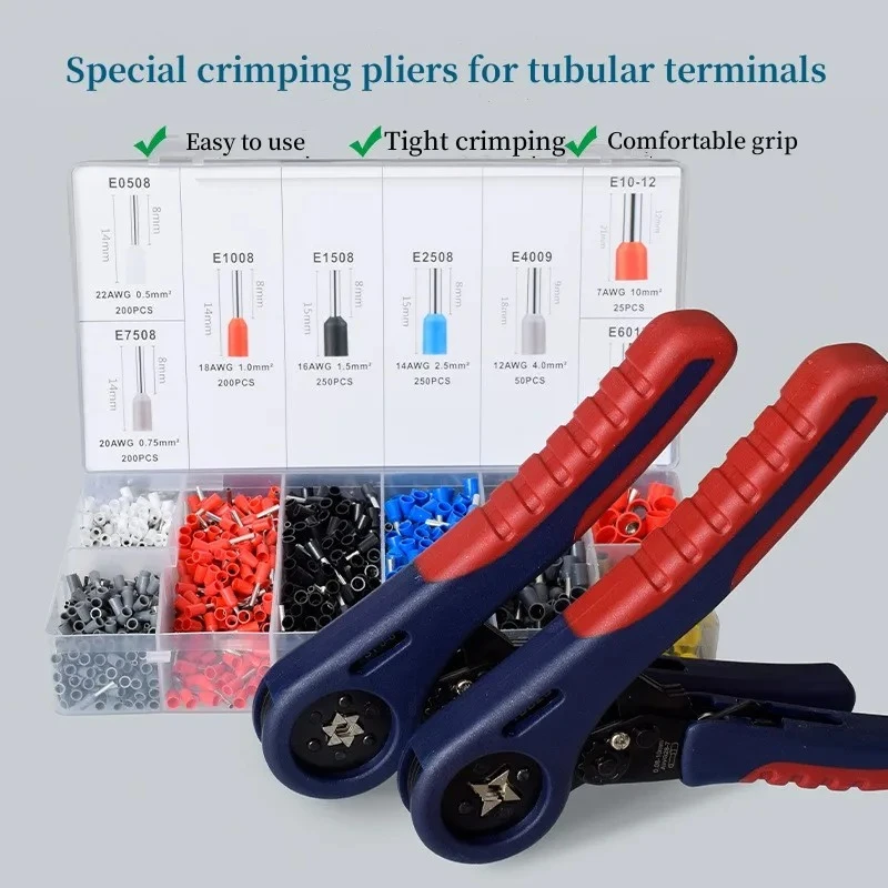 1200 Pieces Tubular Terminals with Crimp Pliers FST-10S Kit, European Wire Pliers Crimp Tool with Terminal Kit