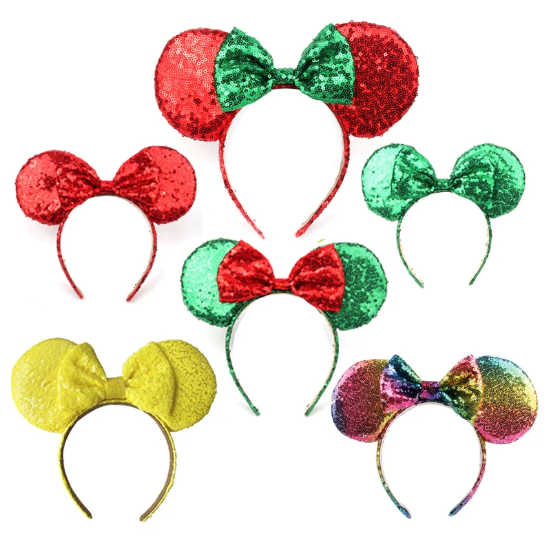 Hairs Bows Red Green Minnie Mouse Ears Headband Festival DIY Accessories Hairband Christmas Sequin Hair Bows Girls Women Gift