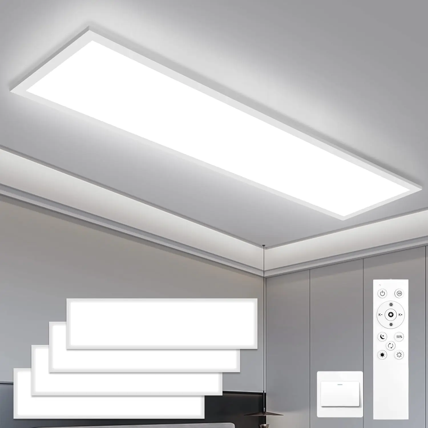 4er-Pack LED-Panel-Deckenleuchten 120x30cm, 40W 4400LM Dimmbare Deckenlampen mit Speicherfunktion & Fernbedienung für Büro Küche Zimmer