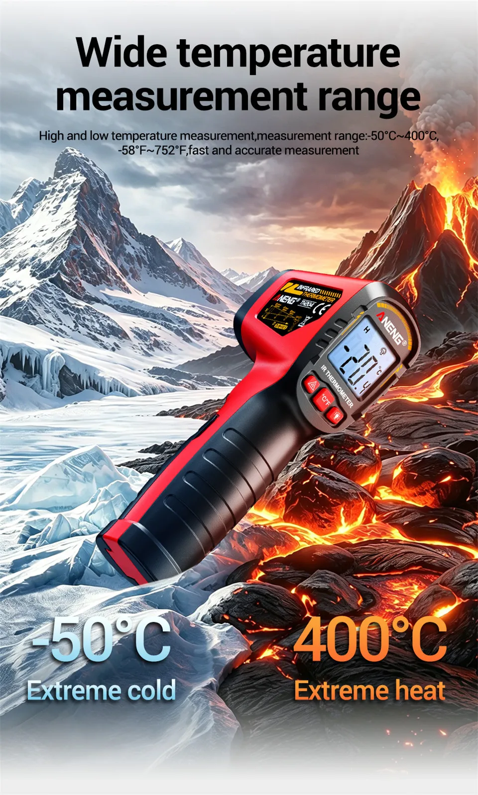 ANENG TH204 Infrarot-Thermometer Handgehaltene Temperaturmesspistole Berührungsloser Laser-Wärmetester -50-400 ° C für Industrie, Haushalt, Automobil – Detail 8