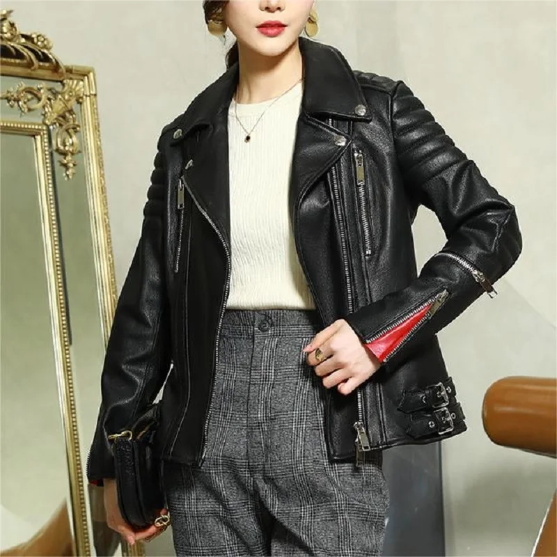 Leather Jacket Women Autumn Goatskin Lapel Zipper Red Stitching Cuffs Belt Slim Fashion Blouson Cuir Femme Motorcycle Short Coat