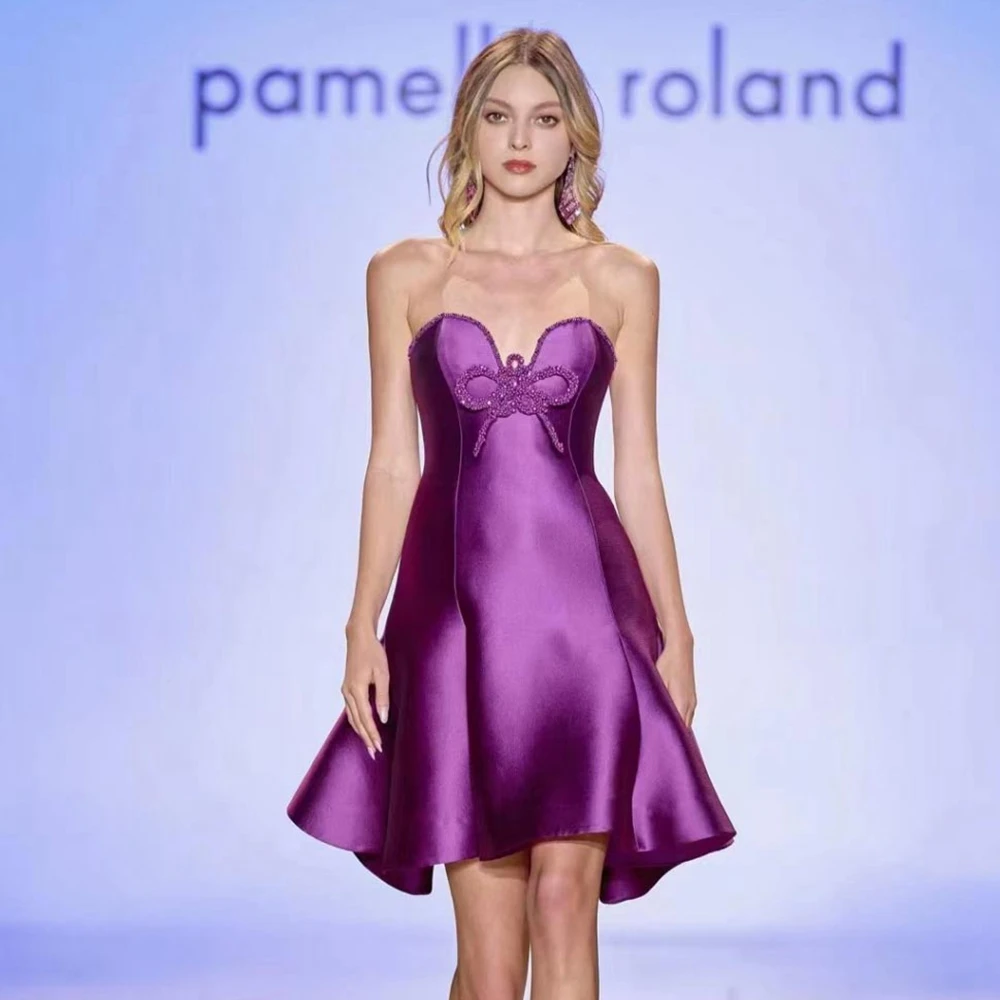 Sweetheart Sequins Purple Smooth Satin A-line Mini Length Party Dress Irregular 2024 New Fashion Cocktail Dresses Dainty