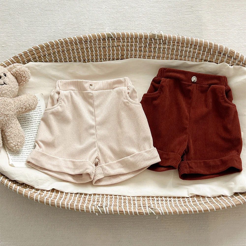 Baby Clothing New Fashionable Pants Spring 2024 All Match Solid Color Corduroy Casual Boys and Girls Simple Baby Shorts