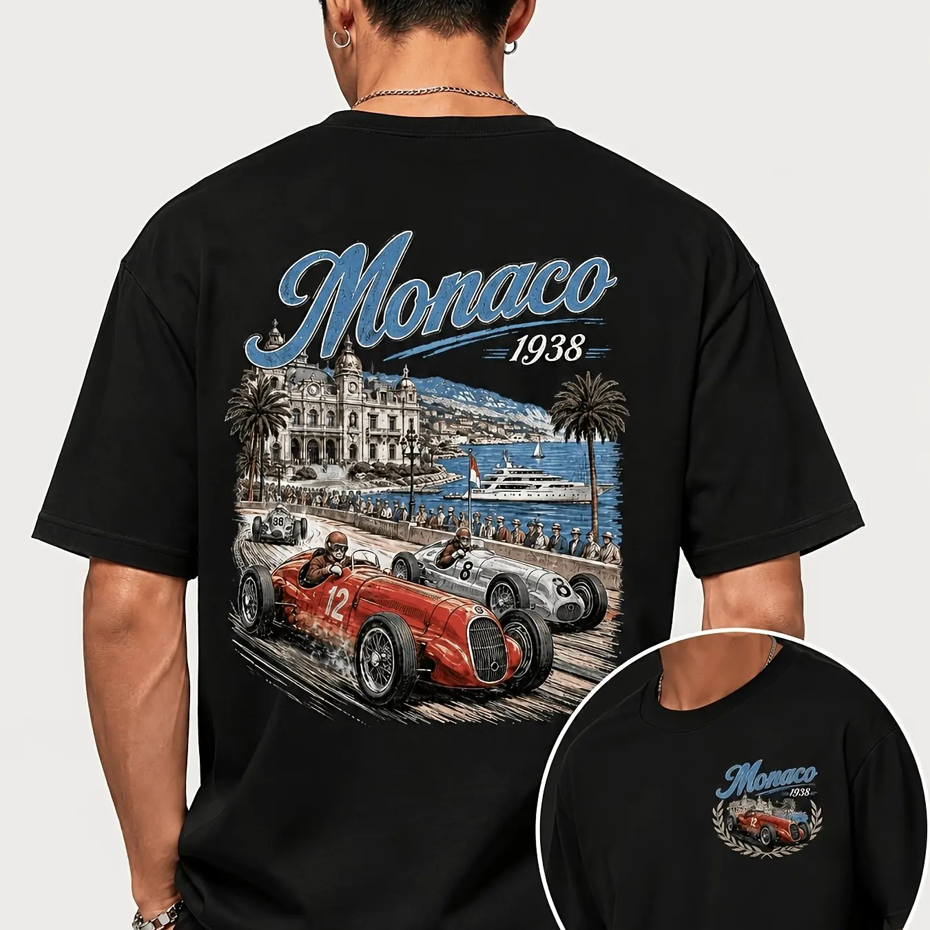 Men'S Short Sleeve Patterned T-Shirt Monaco Racing Coastal City Print Retro Racing Vacation Style Loose Casual Top Summer