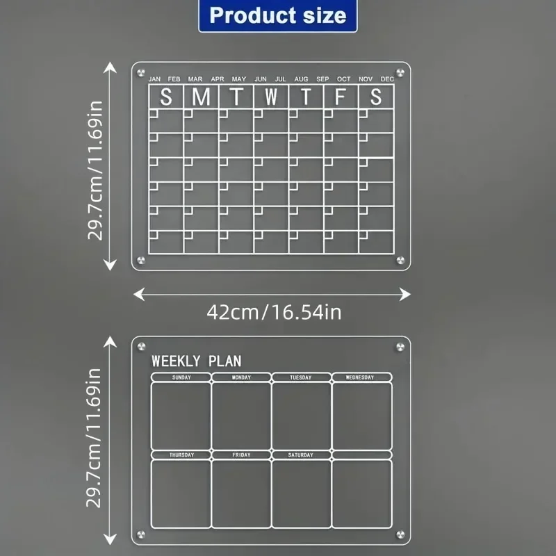 Acrylic magnetic refrigerator calendar and weekly calendar planning board, with 5 dry erase markers, pen holder, sponge wipe