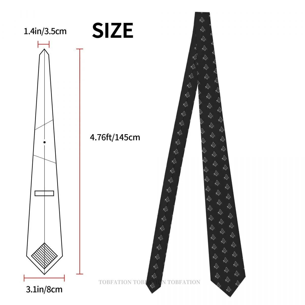 Pattern Silver Black Square Compass Masonic Freemason Classic Men's Printed Polyester 8cm Width Necktie Cosplay Party Accessory