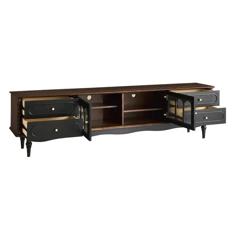 Retro solid wood TV cabinet, black living room floor storage cabinet
