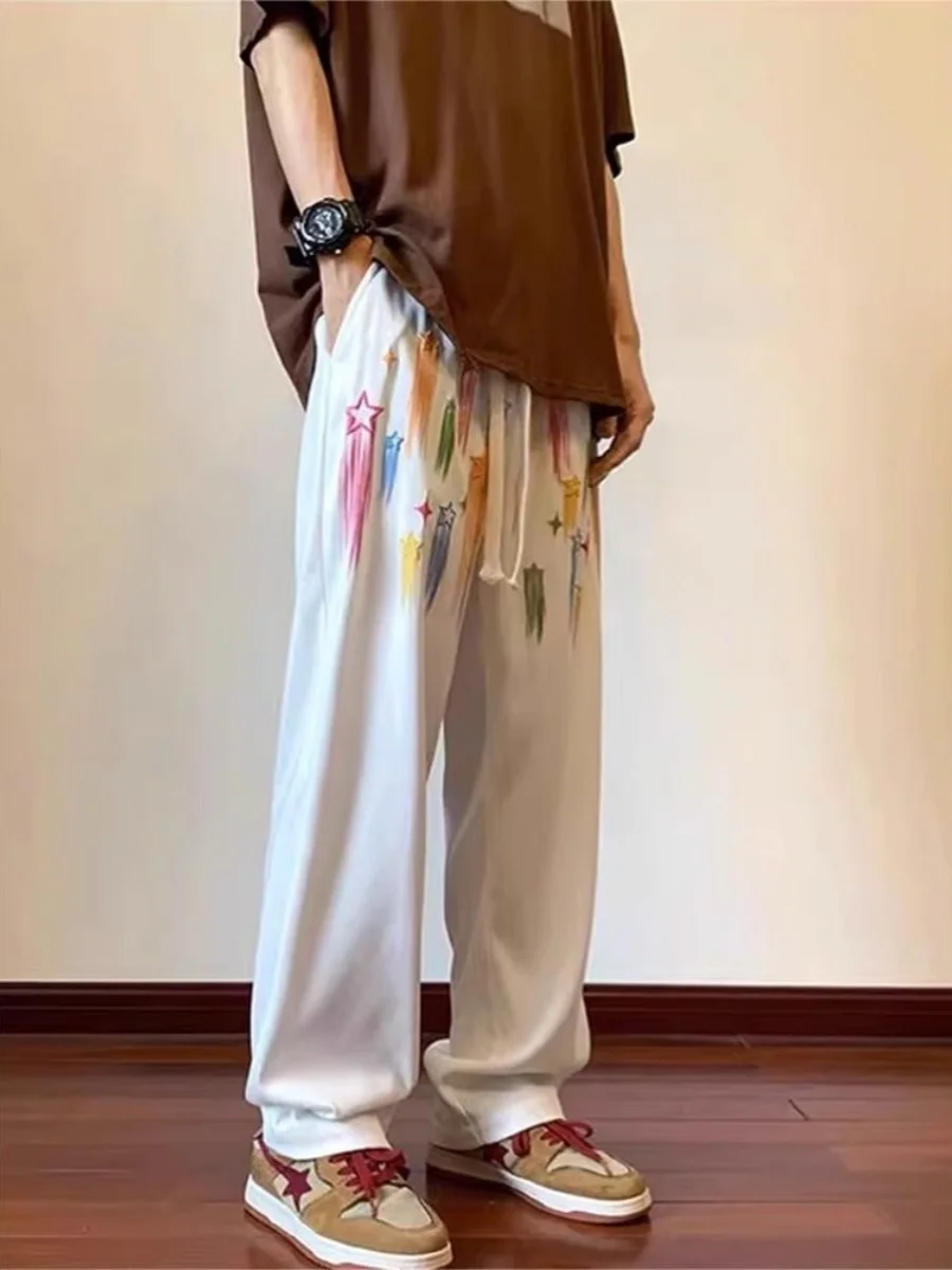 

Мужские летние брюки из ледяного шелка с граффити-принтом в американском ретро-стиле, повседневные, прямого кроя, быстросохнущие, стильные, длинные