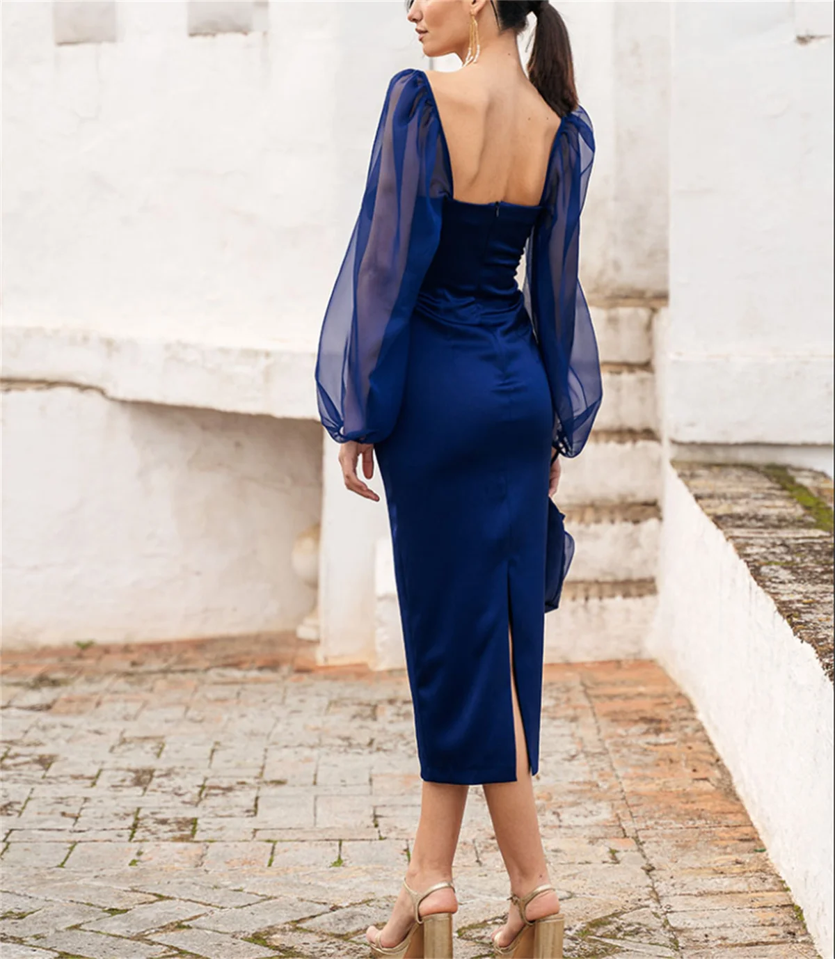 Elegante abito da cerimonia blu abito da sera in Tulle plissettato con collo alto francese da donna alla caviglia abiti personalizzati de soirée