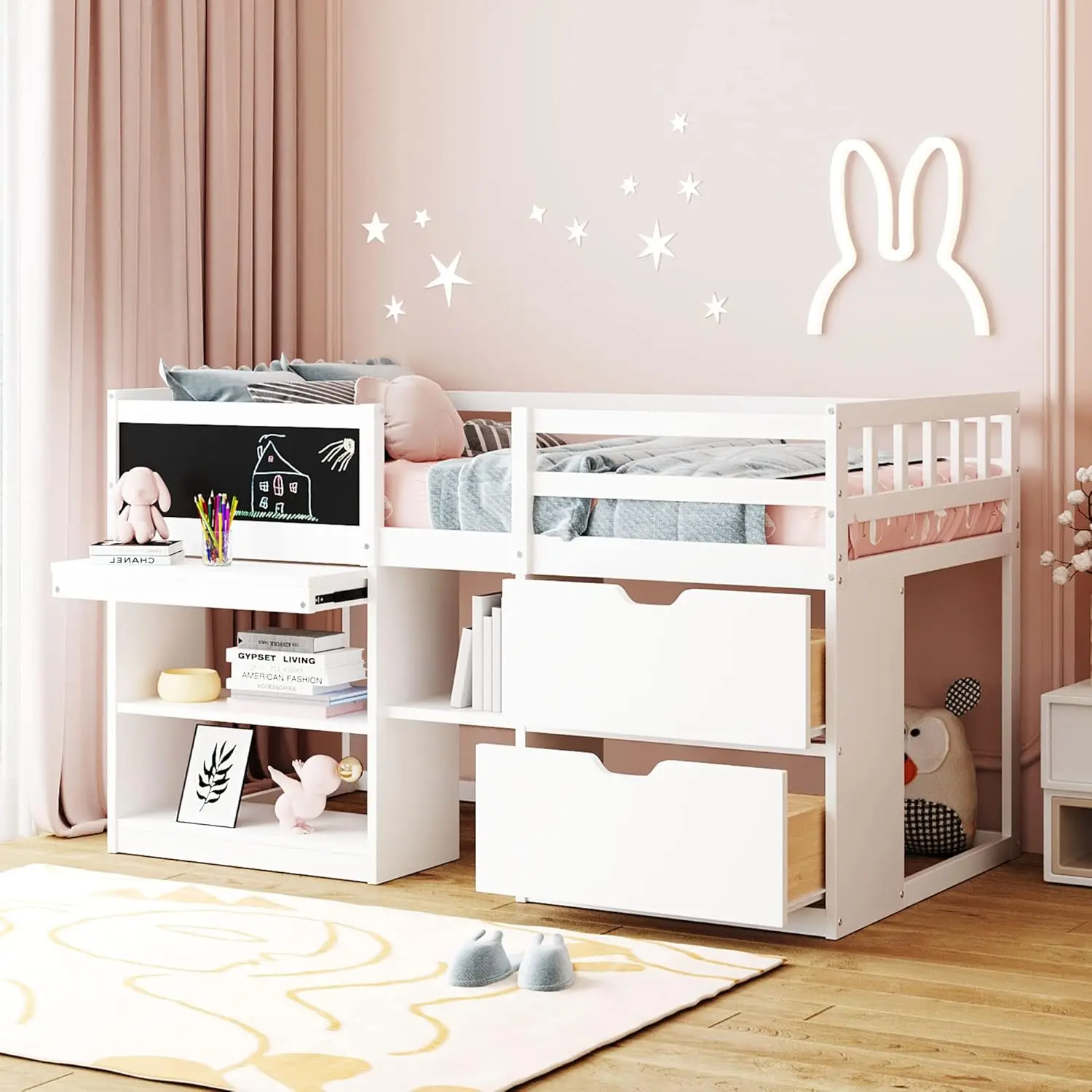 Harper & Bright Designs Low Loft Bed with Rolling Desk and Storage Shelves, Twin Size Loft Beds with 2 Drawers and Chalkboard