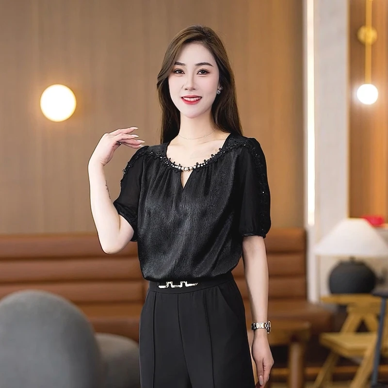 Blusa de gasa de estilo francés para mujer, Tops de manga corta con cuentas y cuello redondo, ropa informal elegante para uso diario, verano 2025