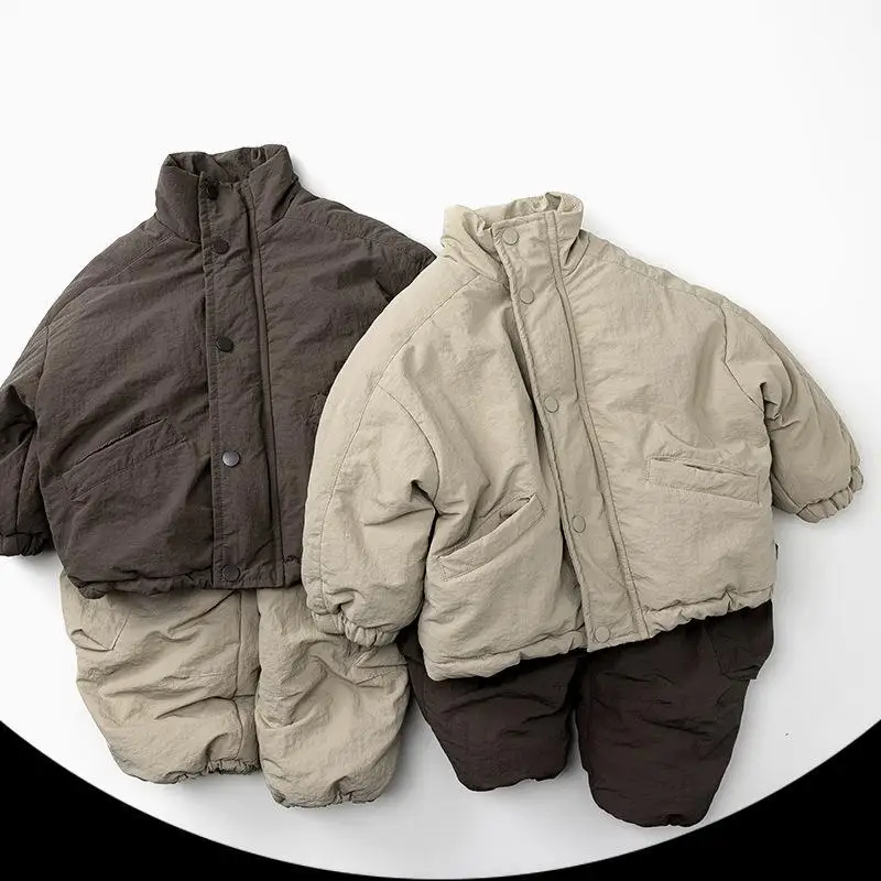 2025 Winter New Children Warm Coat Solid Boys Girls Plus Velvet Thick Cotton Padded Jacket Baby Warm Fleece Windproof Coat