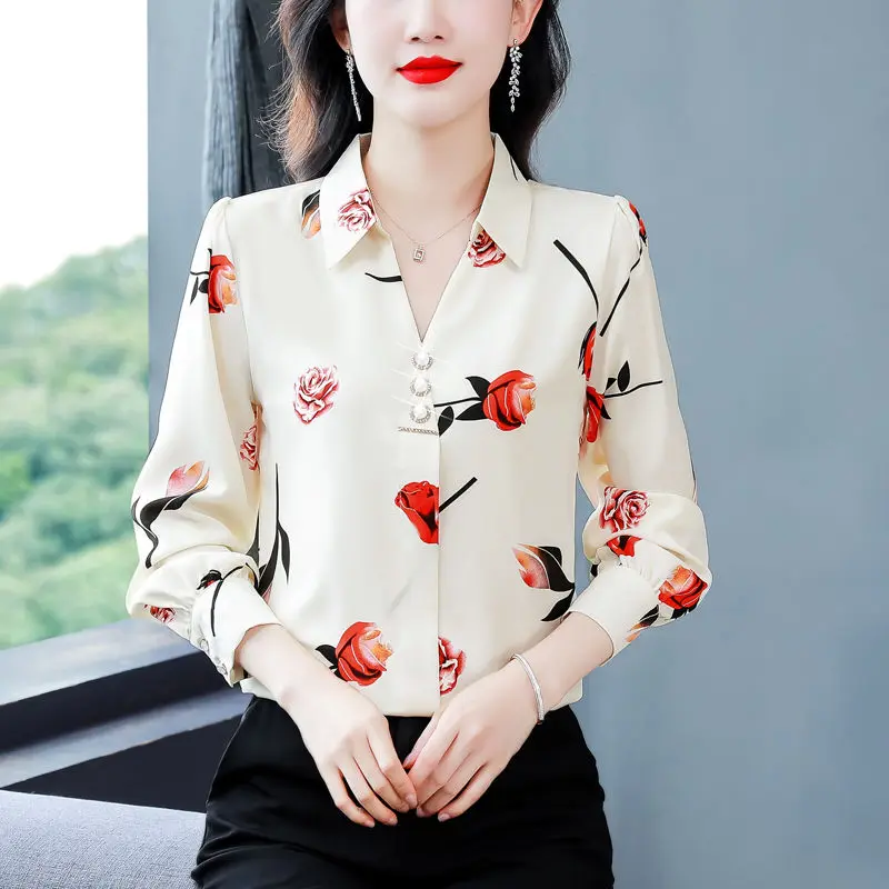 Versatile and Fashionable Long Sleeved Chiffon Shirt Turn-down Collar Multi-element Printing Diamonds Women\'s Pullover Blouses