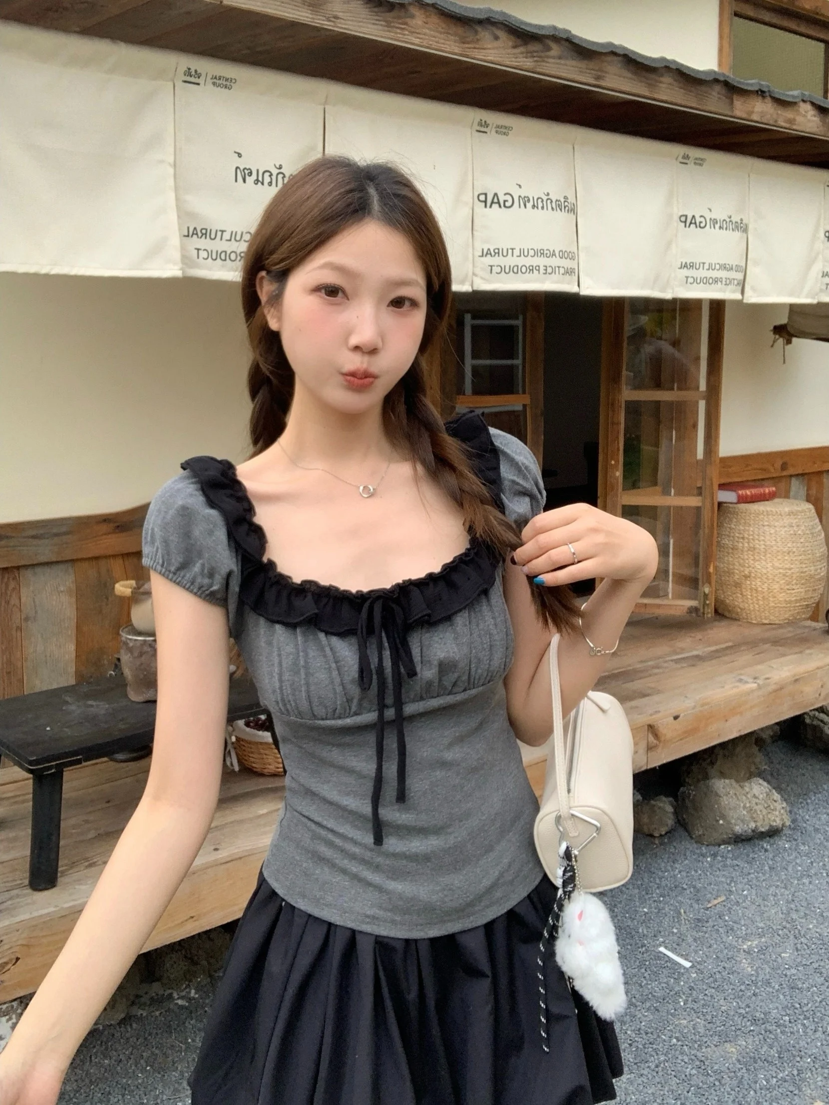 

plus Size Slimming Short Sleeve Top Sweet And Spicy Design Summer New Style Pure Desire Matching Wood Grain Splice