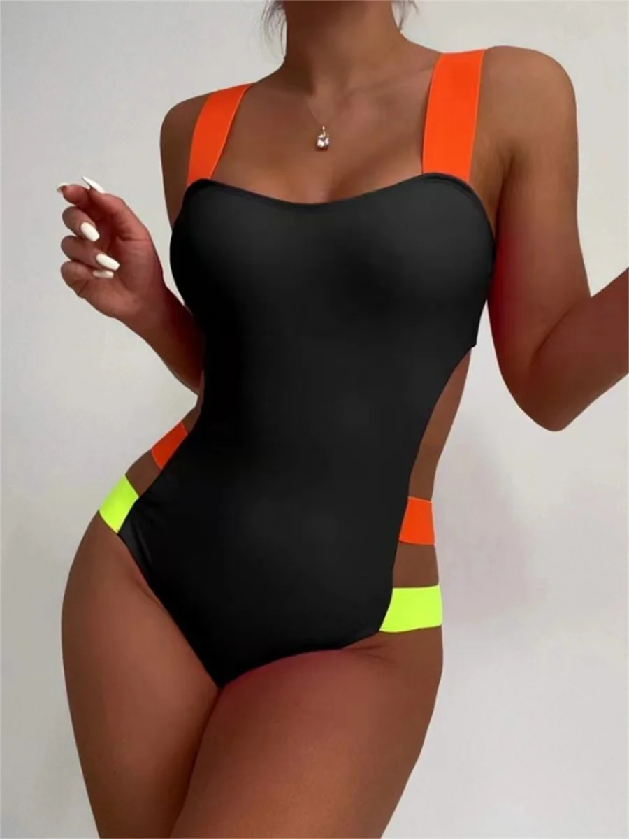 Sexy Black Contrast One Piece Swimsuit 2026 Women Neon Strap Hollow Out Backless Monokini Summer Bathing Suit Patchwork Swimwear Sexy Black Contrast One Piece Swimsuit 2026 Women Neon Strap Hollow Out Backless Monokini Summer Bathing Suit Patchwork Swimwear