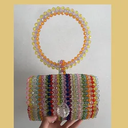 Colorful Striped Barrel Shaped Beaded Handbag Fashion Retro High-end Rainbow Vertical Pattern Women's Bags Handwoven Acrylic Bag