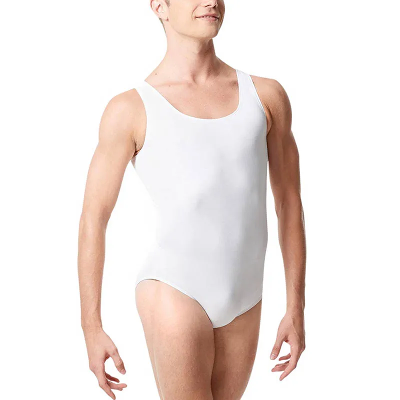 Men Nylon Plus Size Tank Leotard Ballet One Piece Bodysuit Tummy Control Short Sleeveless Spandex Dance Gymnastics Suit White