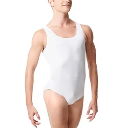 Men Nylon Plus Size Tank Leotard Ballet One Piece Bodysuit Tummy Control Short Sleeveless Spandex Dance Gymnastics Suit White