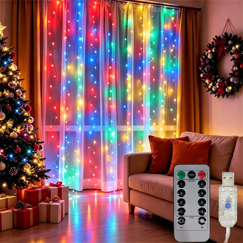 USB Curtain LED Lights Remote Control Christmas Fairy Lights with 8 Modes for Bedroom Window Wedding Holiday Party Decoration