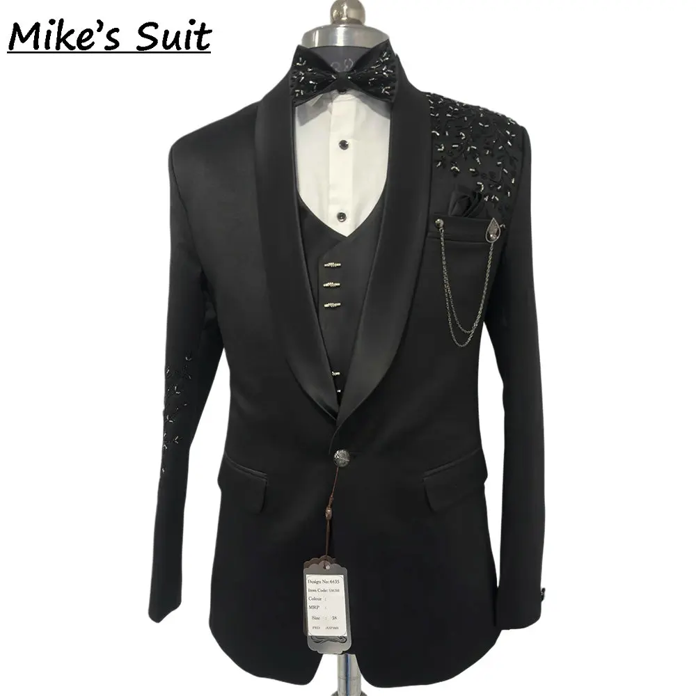 Black Appliques Beading Groom Suits 3D Tailored Man Suit Wedding & Business Set 2 Pieces Jacket And Pants