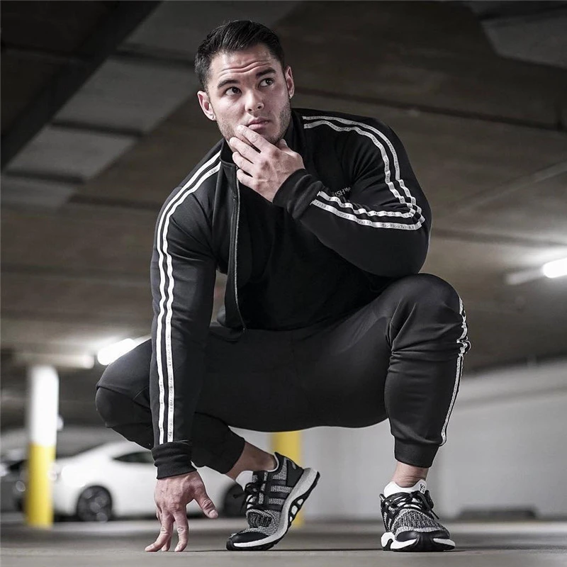 Men's Jacket Spring Autumn New Sports Fitness Coat Cotton Printed Panel Sportswear Joggers Bodybuilding Workout Clothes