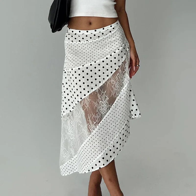 

Женские сексуальные асимметричные юбки миди, летние женские длинные юбки с точечным принтом и кружевными вставками, элегантные женские юбки А-силуэта с высокой талией