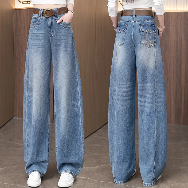 

Светло-голубые джинсы с изогнутым низом для женщин, новинка 2026 года, весенне-осенние модные свободные джинсовые брюки с высокой талией и широкими штанинами, оптом