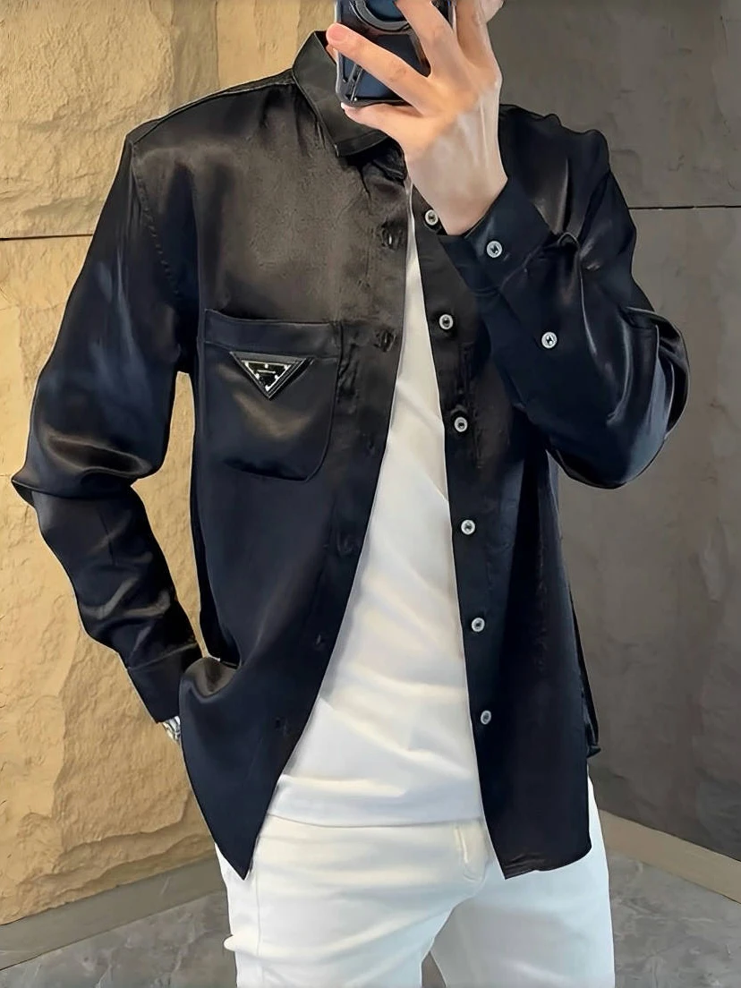 

Slim Fit Casual Shirt for Men Spring Autumn New Style Trendy Business Casual Elegant Collar Stand up Long Sleeve No Iron