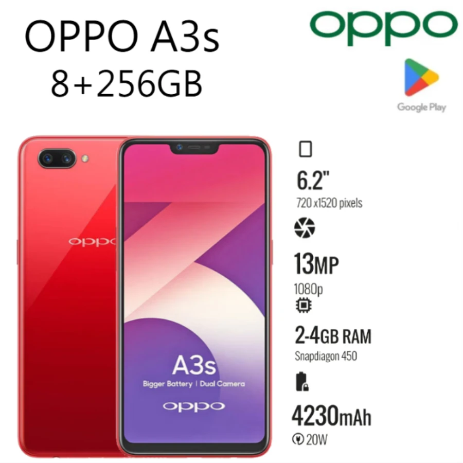 2026 New OPPO A3s Budget Smartphone 6.2 Wide Screen 4230mAh Big Battery Expandable Storage Spare Cell Phone curved glass screen