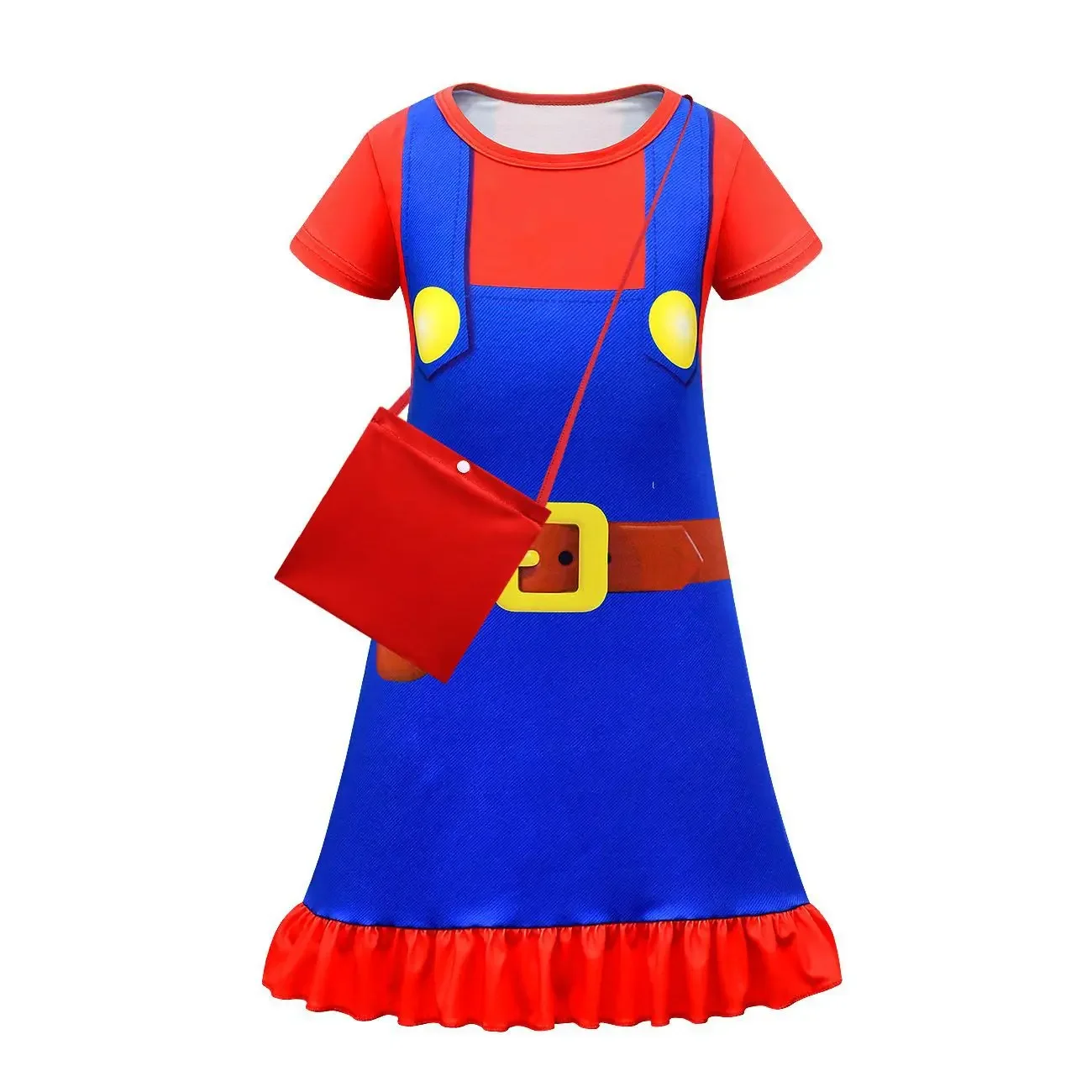 Kids Anime Cartoon Print Blue Red Green Plumber Dress Bag Set Outfit for Girls Christmas Halloween Cosplay Costume