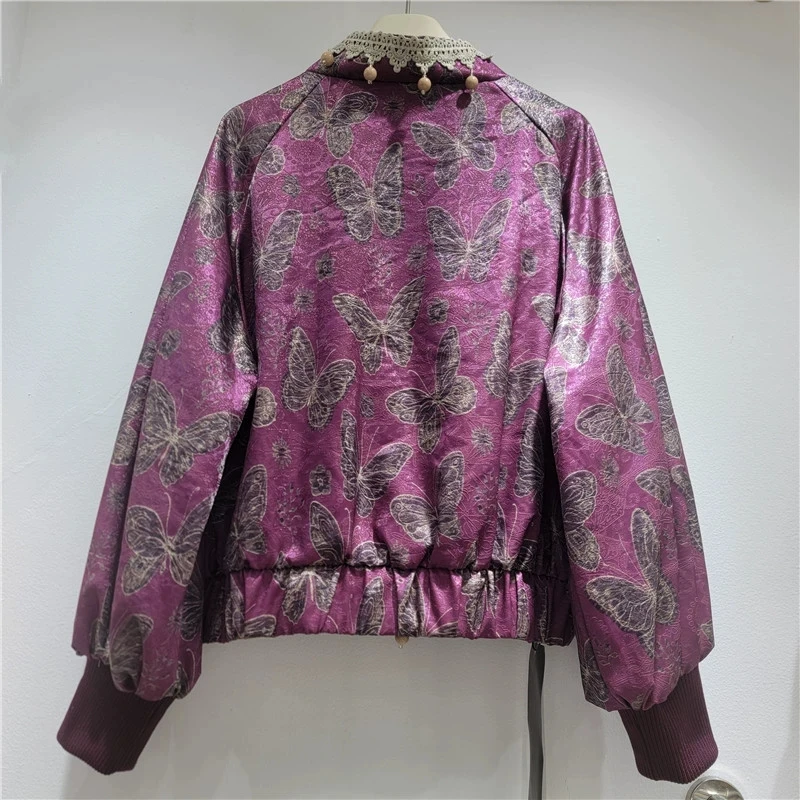 Autumn Women Vintage Butterfly Jacquard Purple Baseball Jacket V-Neck Long Sleeve Loose Casual Bomber Jacket Female Streetwear