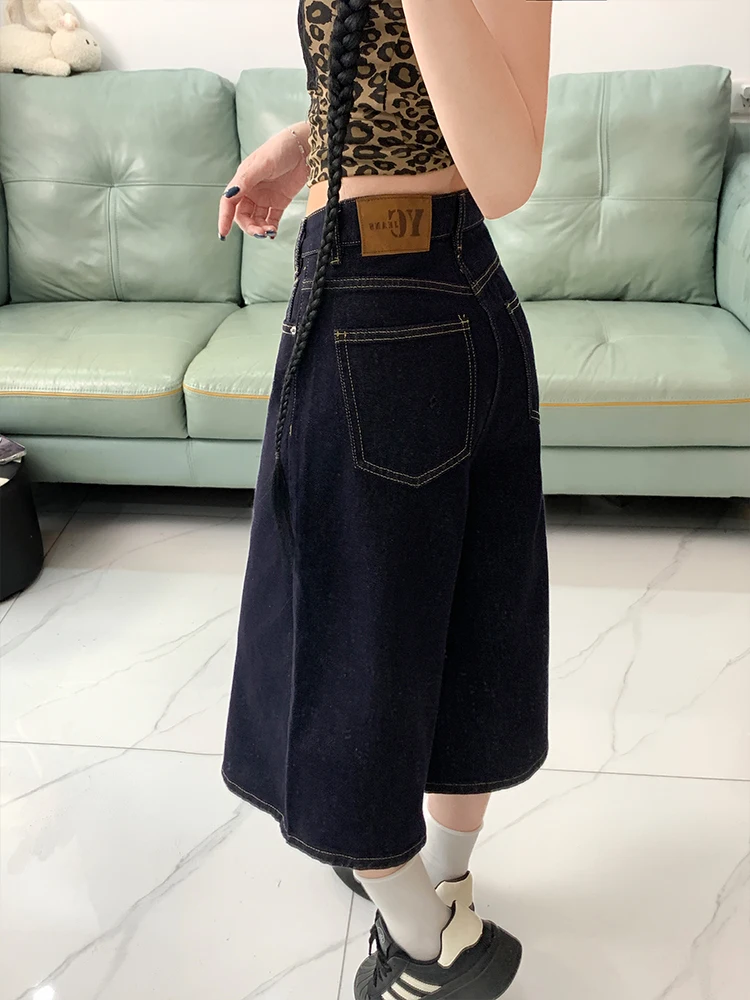 

American Deep Blue Wide Leg Seven-Five Denim Shorts Women Summer Loose plus Size High Waist Slimming Straight Leg Pants