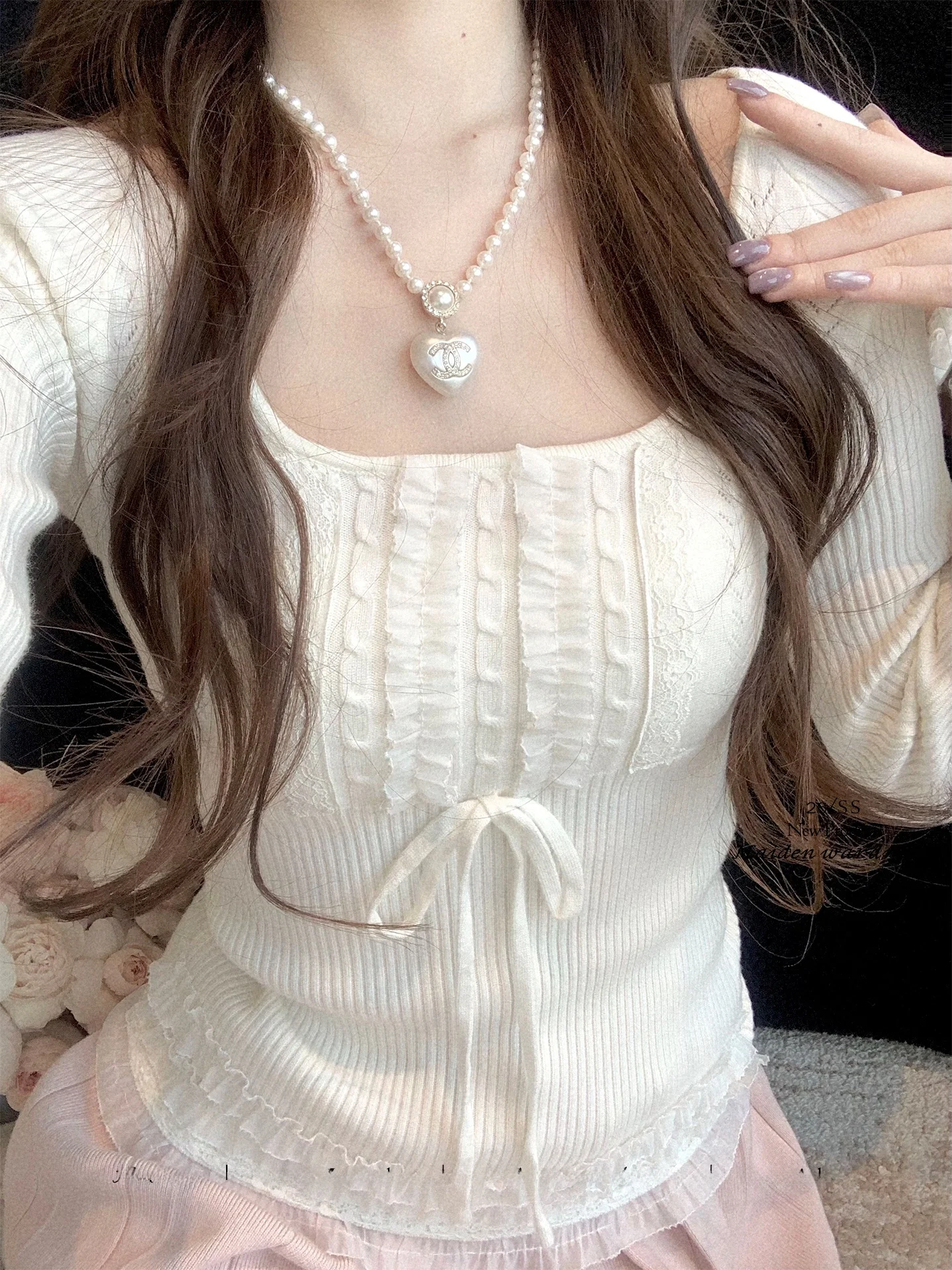 

Slim Fit Lace Knitted Sweater Women's Square Collar Long Sleeve Autumn Winter New Style Jasmine Island Inner Wear Top