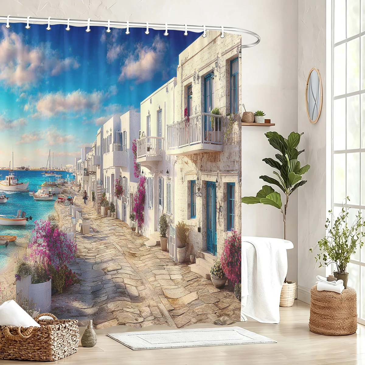 

Mediterranean Coastal Scenery Printed Polyester Shower Curtain - Stylish Bathroom Decor with Seaside Village & Ocean Views