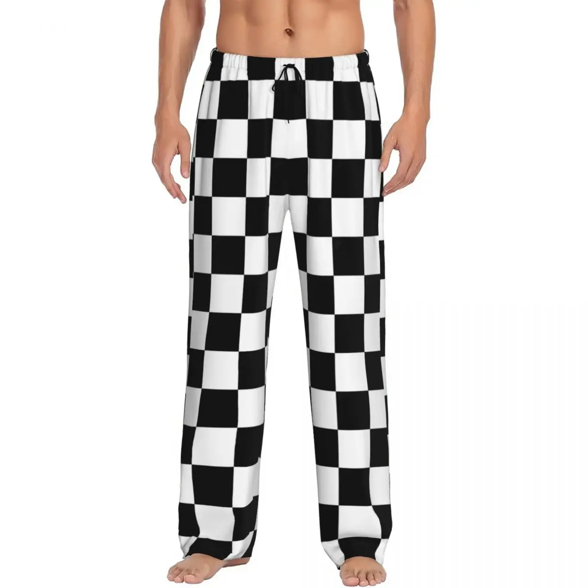 Custom Men Checker Pajama Pants Print Black And White Sleep Sleepwear Bottoms with Pockets