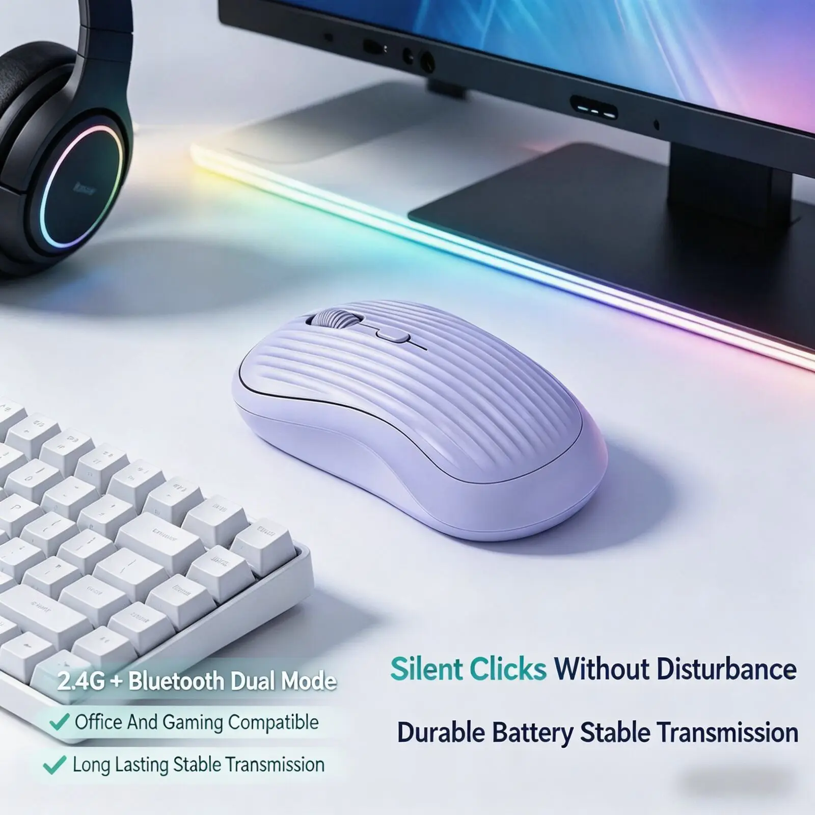 Dual Mode Bluetooth 2.4G Wireless Silent Rechargeable Mouse Portable Ergonomic Adjustable 3 Level DPI For Office And Gaming Use