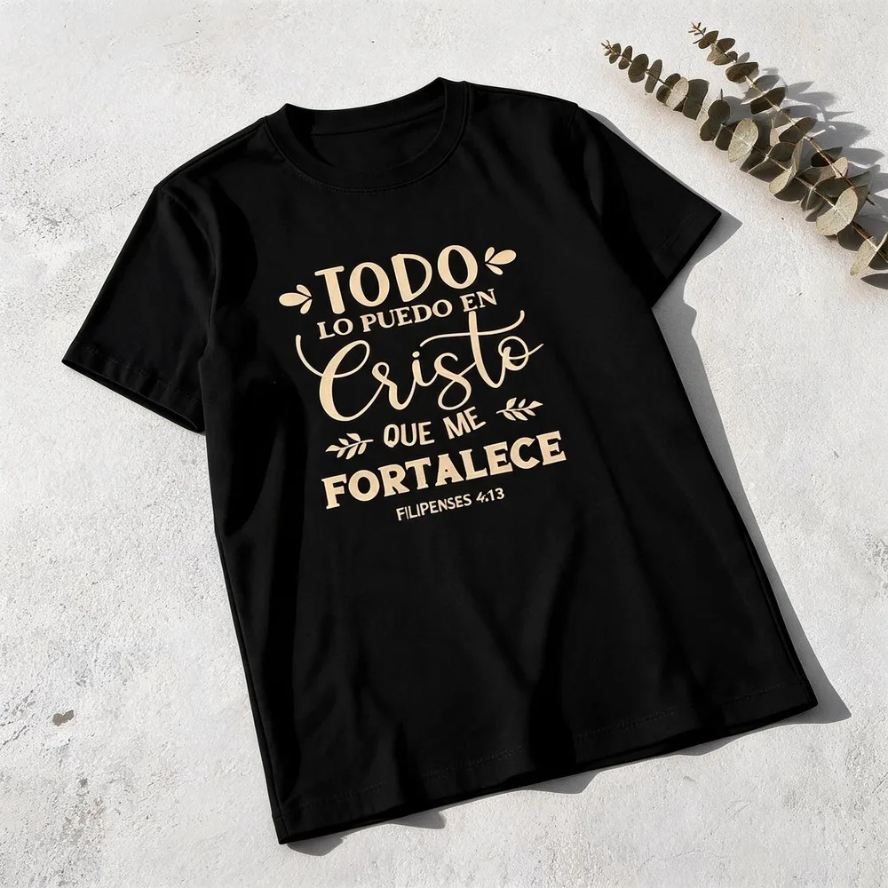 Todo Lo Puedo En Cristo Faith Slogan Short Sleeve T-Shirt: Artistic Design + Slim Fit Everyday Versatile Top