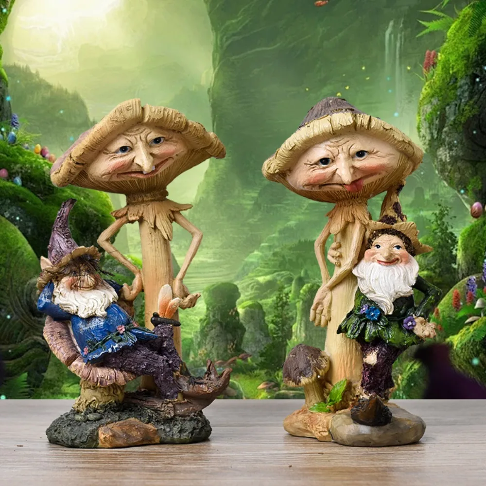 Creative Resin Gnome Mushroom Elf Sculpture Ornaments Outdoor Courtyard Balcony Tabletop Figure Statue Crafts Garden Decoration