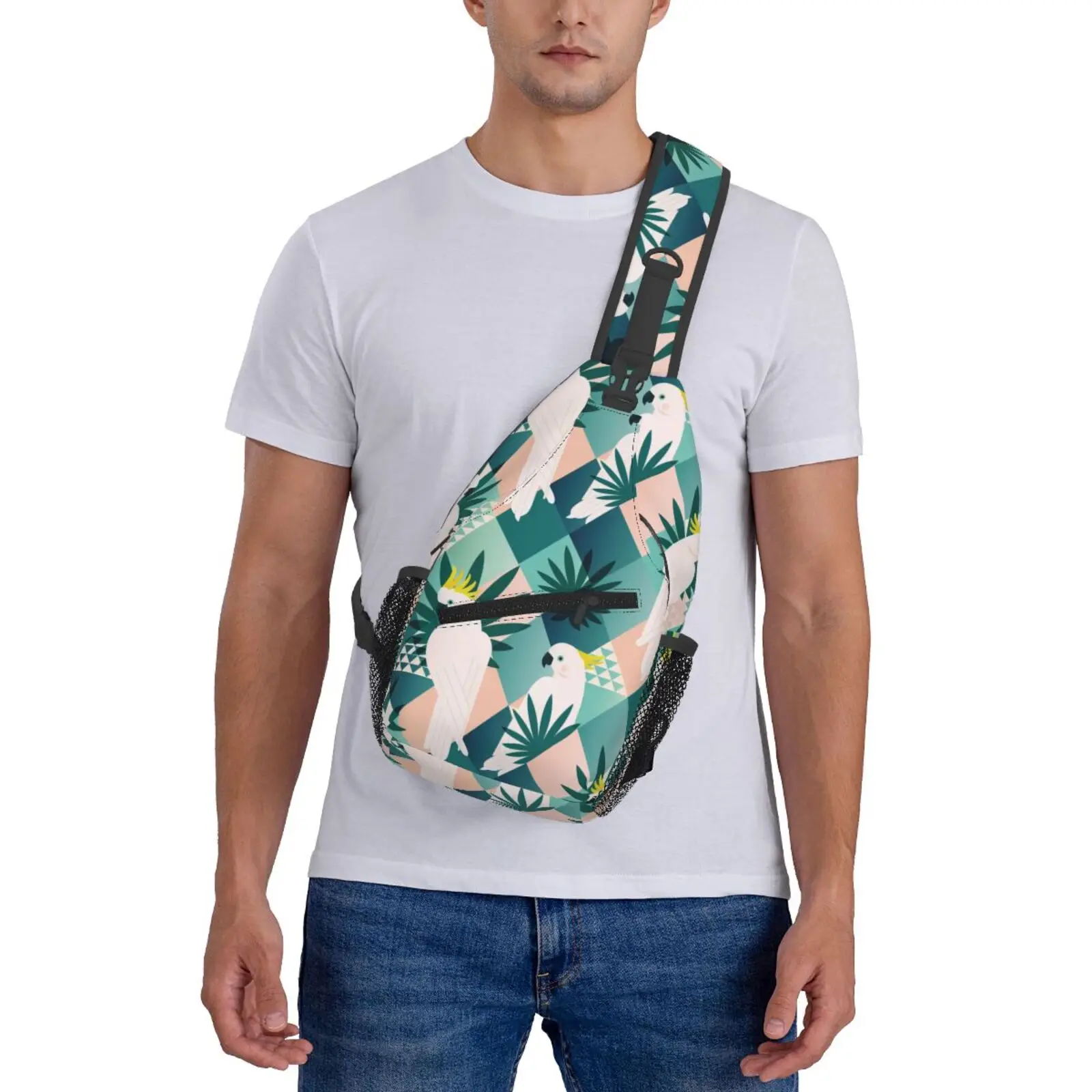 กระเป๋าสะพายข้างสำหรับผู้ชาย, กระเป๋าคาดเอวสีขาวลายนกค็อกคาตูสุดเก๋, กระเป๋าสะพายไหล่, กระเป๋าออกกำลังกายขนาดเล็ก, กระเป๋าสะพายข้างกันขโมย