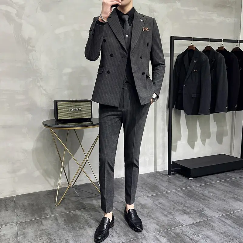 2-a14 Doppels chlitz gestreifter Anzug Herren anzug Jugend schlanke koreanische Stil Freizeit anzug Jacke trend ige Bräutigam Brautkleid