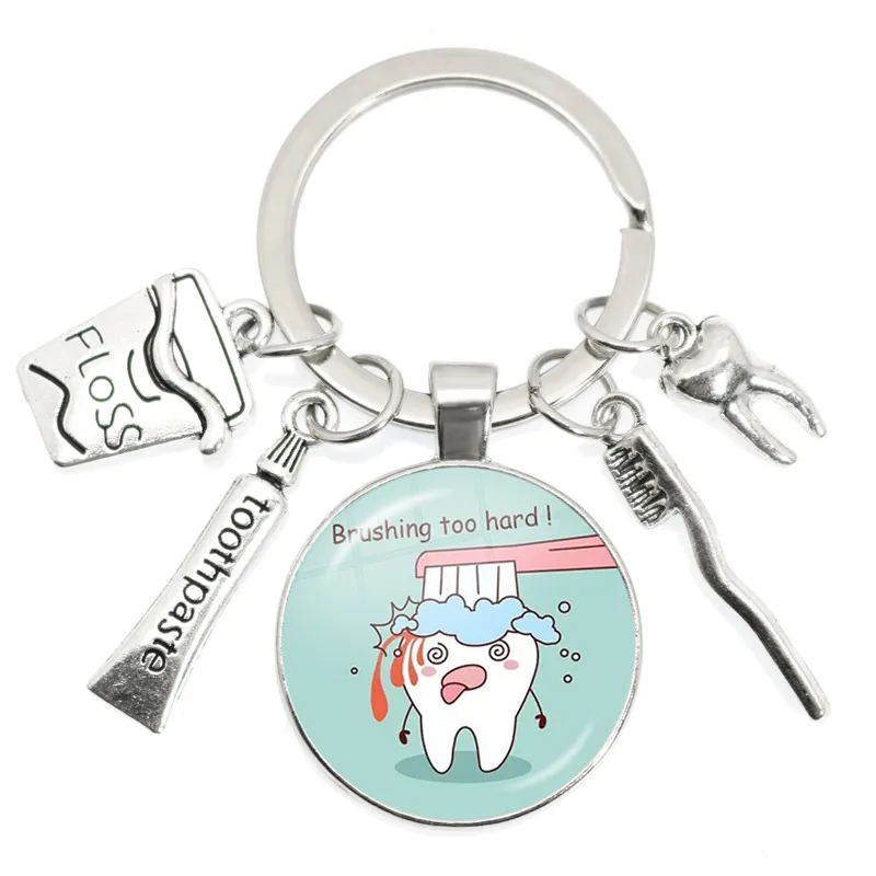 Zahn Zahnseide Zahnpasta Zahnbürste Metall Anhänger Keychain Glas Cabochon Zahnarzt Dental Assistent Geschenk Zahnpflege Schlüssel Ringe