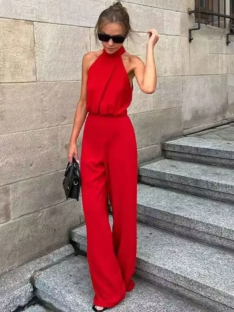 

HH Fashion Women Chic Casual Red High Waist Wide Leg Jumpsuit Female Elegant Hanging Neck Sleeveless Slim Holiday Playsuit
