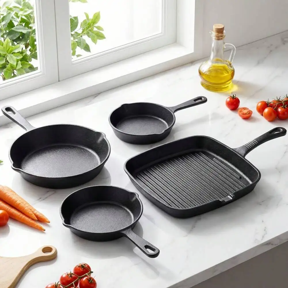4-Piece Cast Iron Cookware Set, Round Frying Pans & Square Grill Pan, Pre-Seasoned Cast Iron Skillet Set For Steak, Camping, Home Cooking