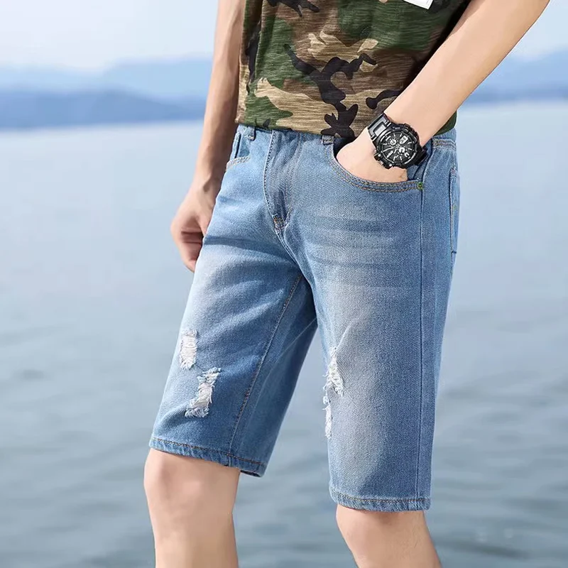 

29-40 New Summer Men's Personalized Washable Perforated Denim Pants Large Casual Middle Pants
