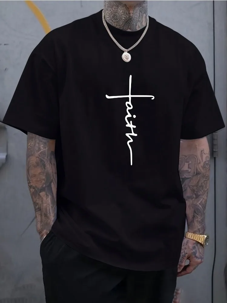 Men Summer White T Shirt Minimal Faith Cross Letter Print Tee Crew Neck Loose Casual Streetwear Daily Fashion Short Sleeve Tops