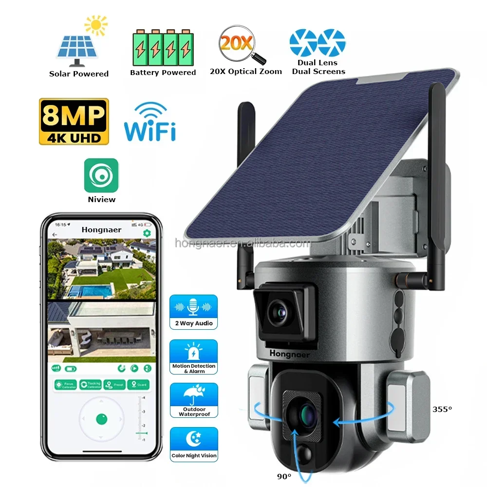 Hongnaer 8MP Wireless Solar Powered Surveil IP PTZ Camera Niview Dual Lens 20X Zoom 4K Outdoor WiFi Security Solar CCTV Camera