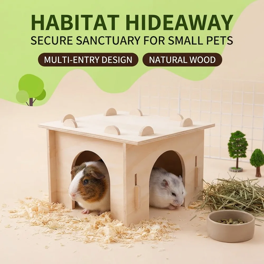 Natural Wood Multi-entry Guinea Pig Hideout, Large Breathable Wooden Shelter for Small Pet Cage Habitat