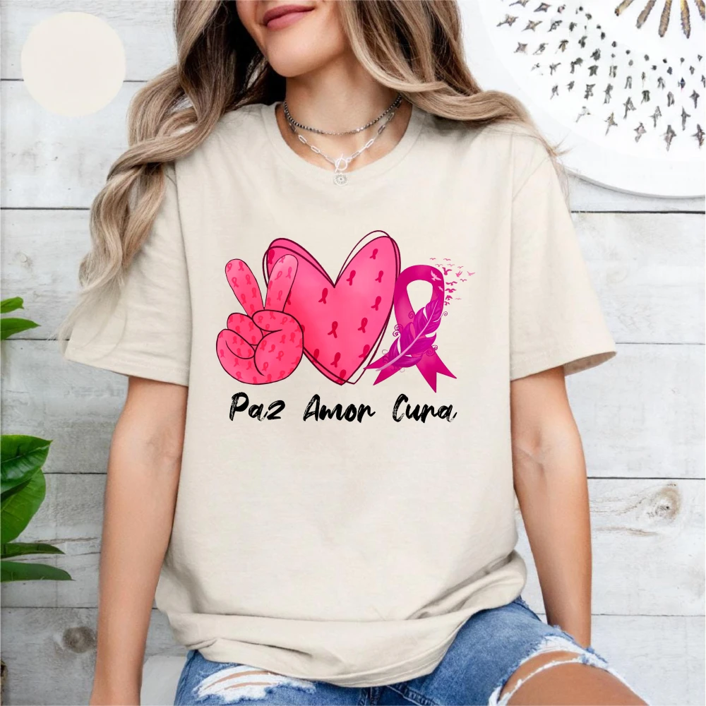 Paz Amor Cura Graphic Tee Pink Ribbon Heart Tops Spanish‑speaking Supporter Breast Cancer Survivors Tees Fashion Cotton T‑Shirt