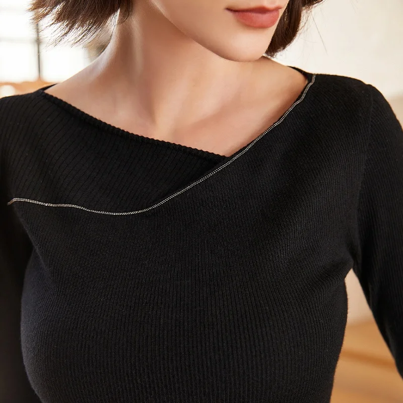 BC-296 Luxurious Asymmetric Collar 16GG 3/80NM 100% Merino Jumper For Women Wool Women\'s Sweaters ClothesKnit Sweater Knit Top